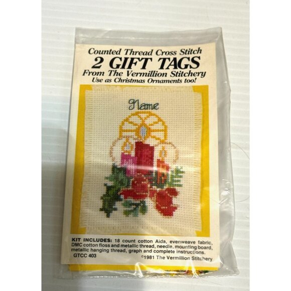 NEW Vermillion Stitchery 2 Gift Tags Cross Stitch Kit Candles GTCC403 - Picture 1 of 2